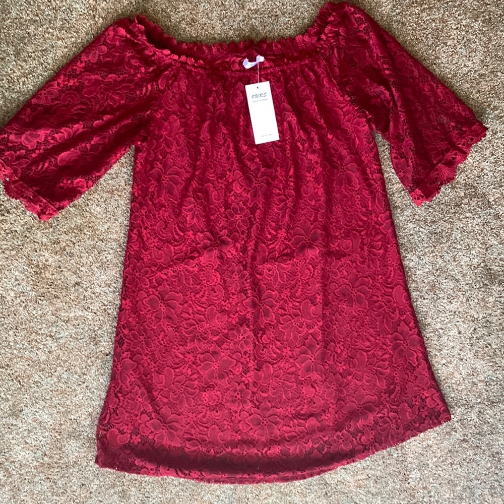 Red, laced, dress.